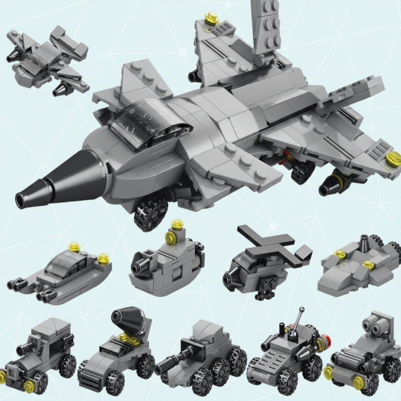 Gray fighter jet block model surrounded by smaller aircraft and vehicle builds