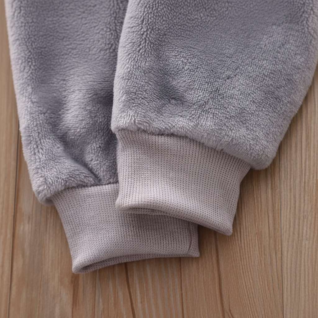 Ribbed cuffs on the gray flannel tracksuit