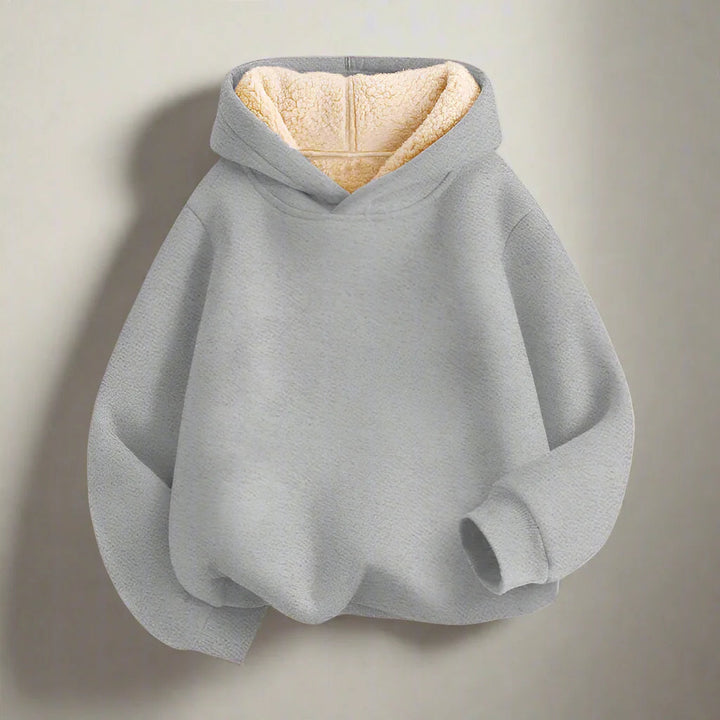 Front view of a gray pullover hoodie with cream fleece hood lining and ribbed cuffs