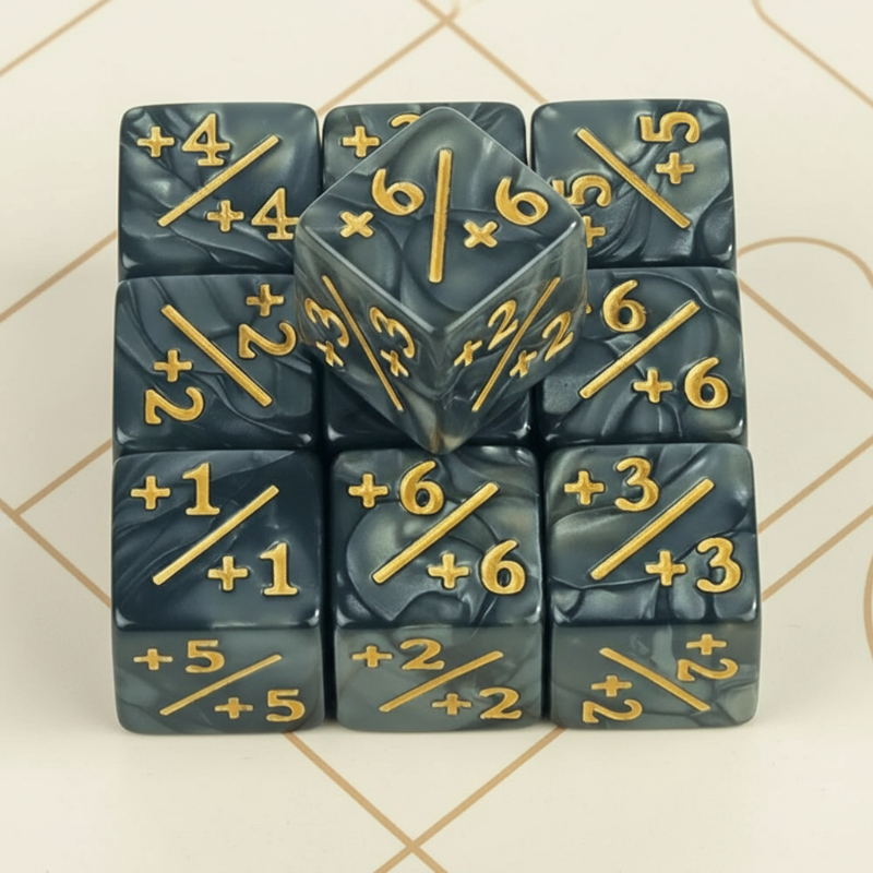 Gray counter dice arranged with one die on top, showing gold-colored plus values
