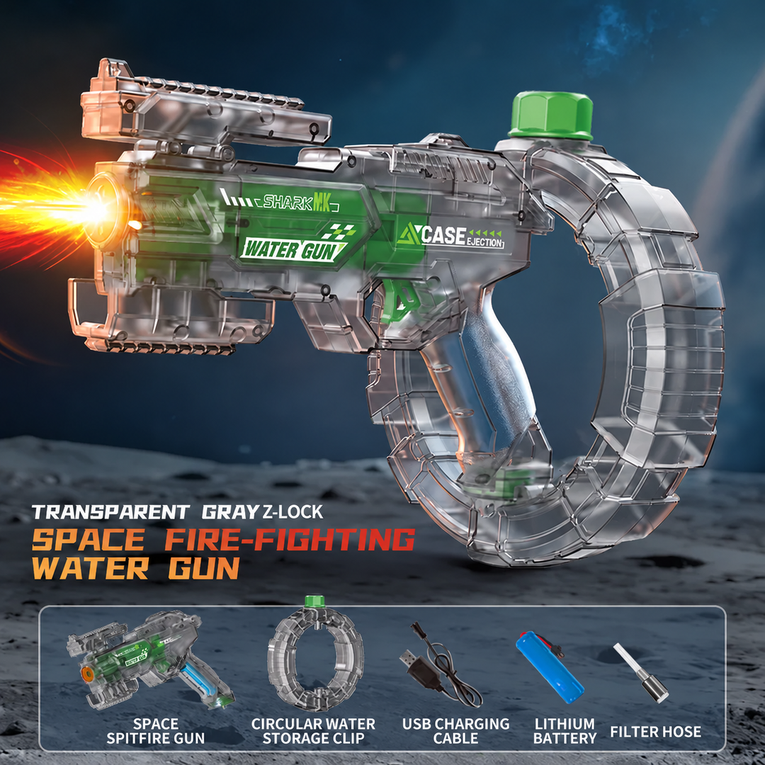 Gray transparent water gun with green accents, a circular reservoir, and included accessories