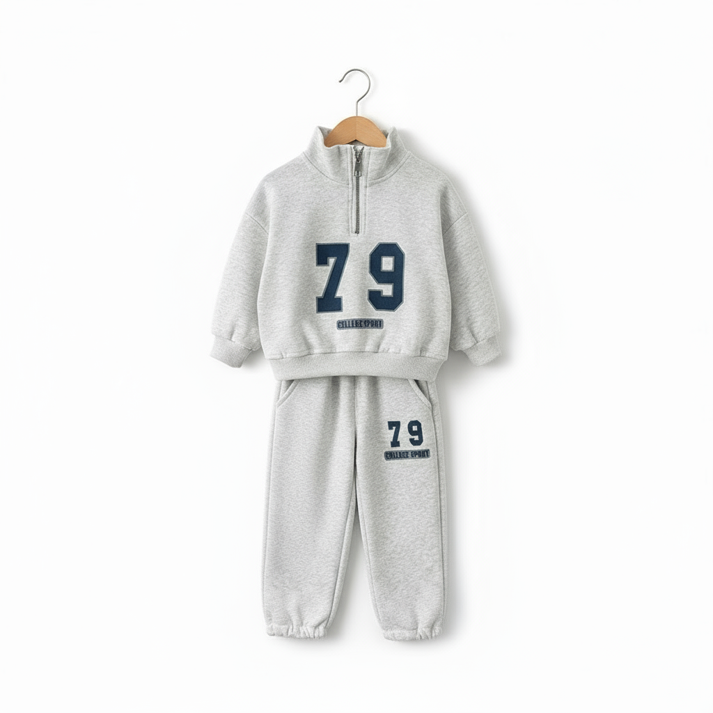 Gray half-zip sweatshirt and matching 79-print joggers displayed on a hanger