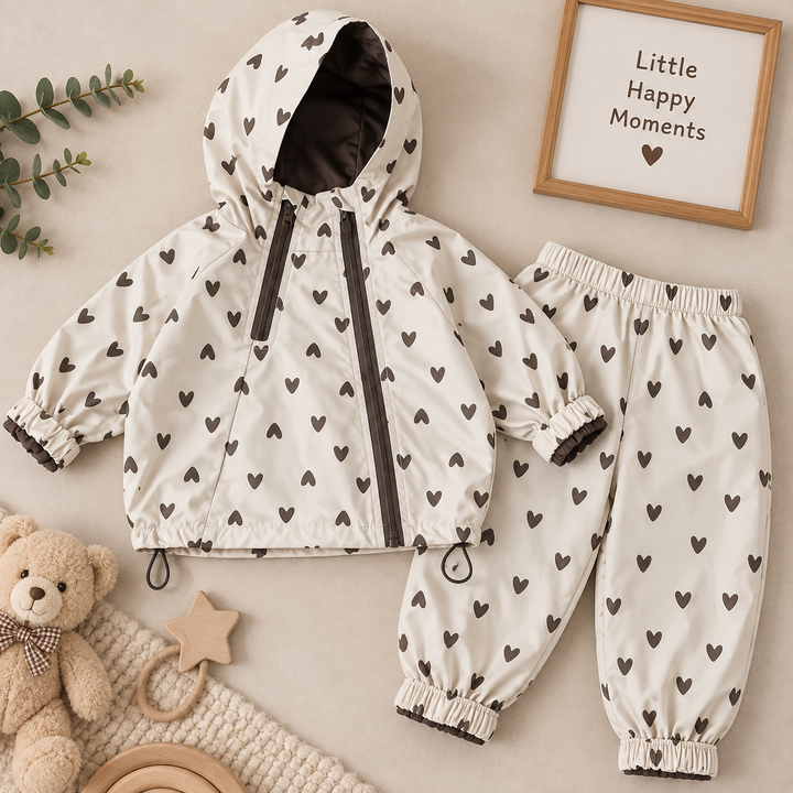 Gray heart-print hooded jacket with dark trim and matching long pants laid flat.