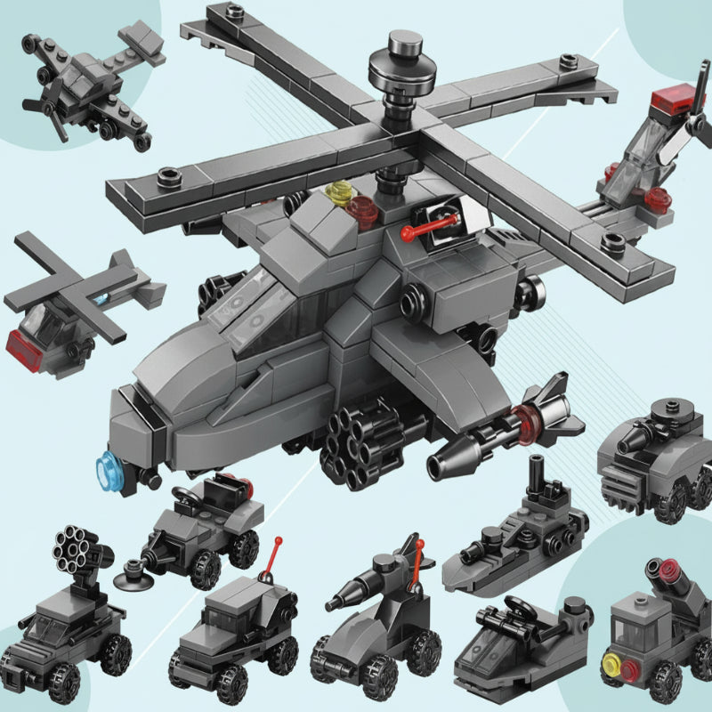 Gray helicopter block model with smaller aircraft and military vehicle builds