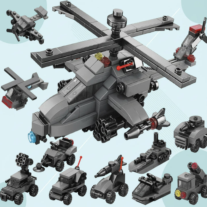 Gray helicopter block model with smaller aircraft and military vehicle builds