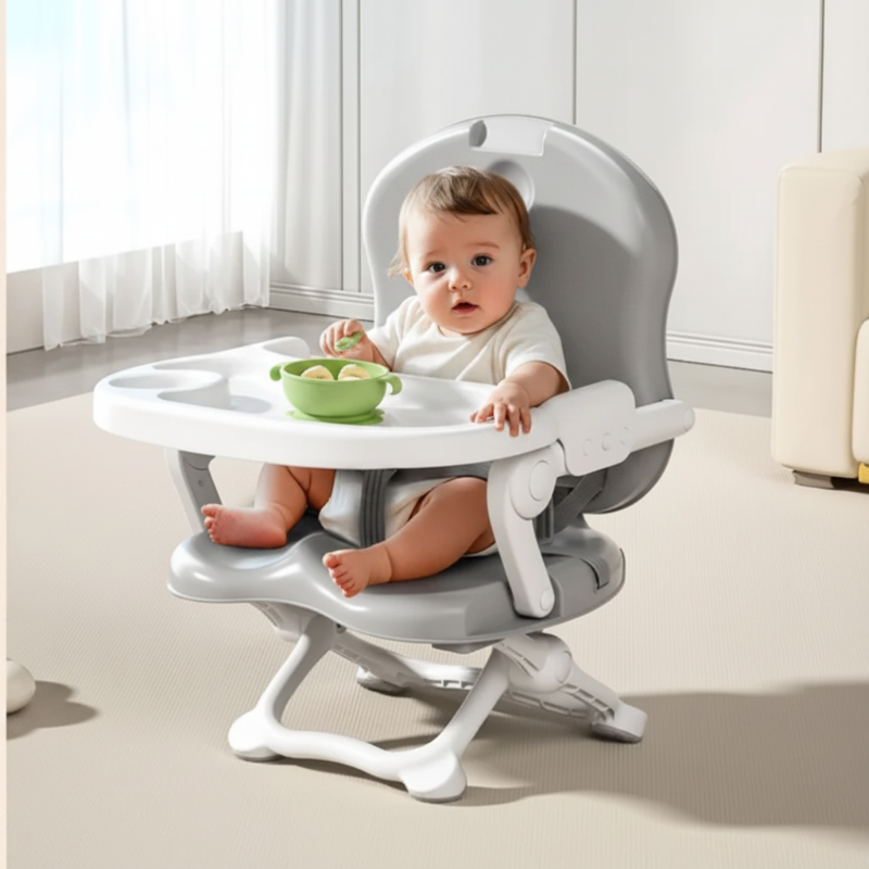 Baby seated in a gray high chair with a bowl on the tray