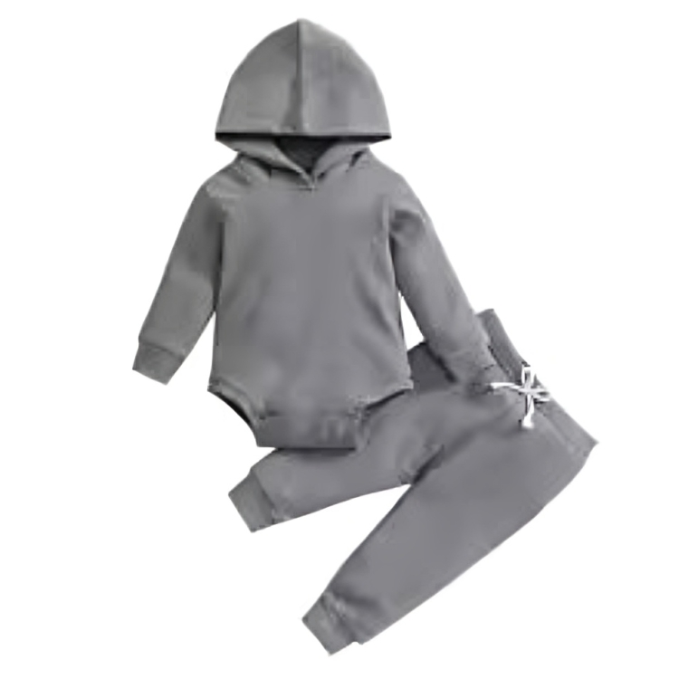 Gray baby outfit with a hooded long-sleeve bodysuit and matching pants