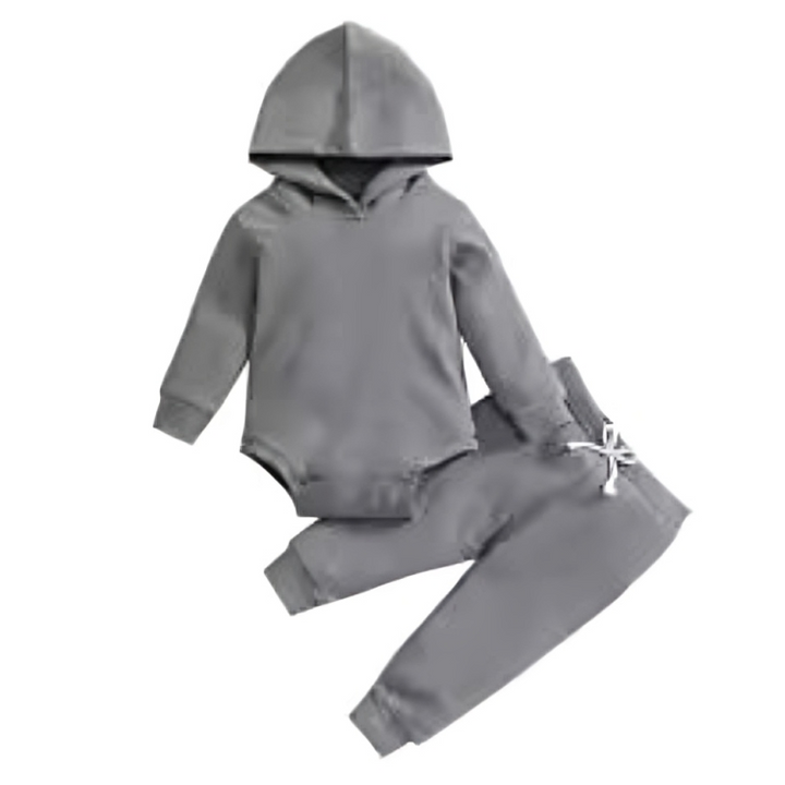 Gray baby outfit with a hooded long-sleeve bodysuit and matching pants
