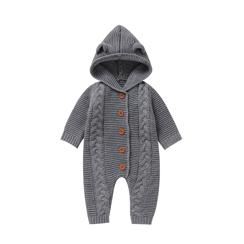Gray knitted baby jumpsuit with front buttons, long sleeves, and an attached hood