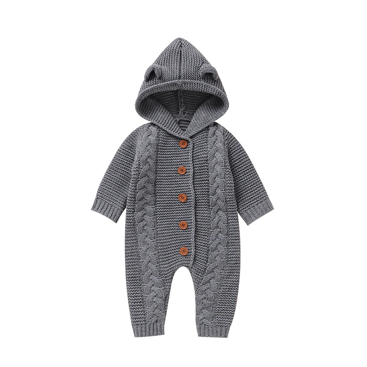 Gray knitted baby jumpsuit with front buttons, long sleeves, and an attached hood