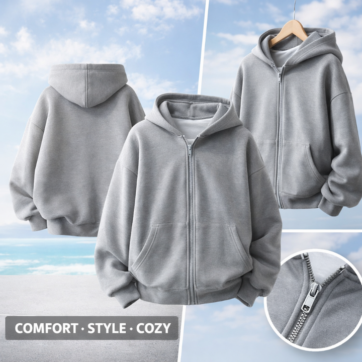 Gray zip-up hoodie shown from the front and back, with a close-up of the zipper.