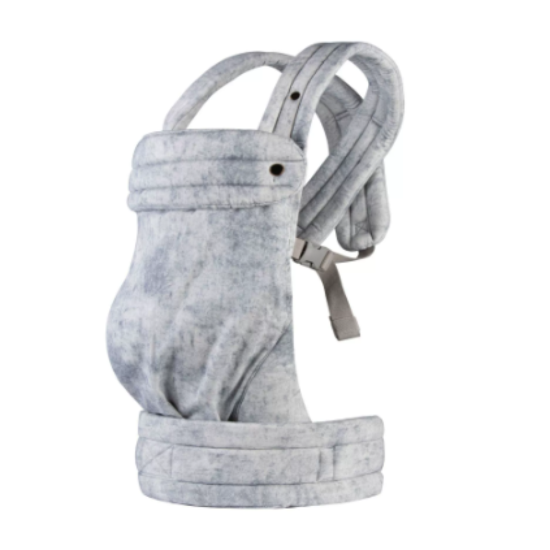 Gray ink-pattern baby carrier with padded shoulder straps and a wide waist belt
