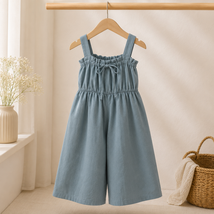 Gray bow jumpsuit on a wooden hanger with a gathered bodice and wide legs