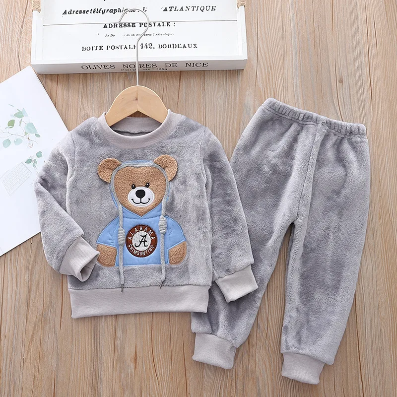 Gray two-piece bear tracksuit with a round-neck sweatshirt and matching pants
