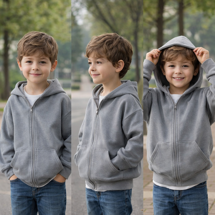 Child wearing a gray zip-up hoodie in a park, including a view with the hood raised.