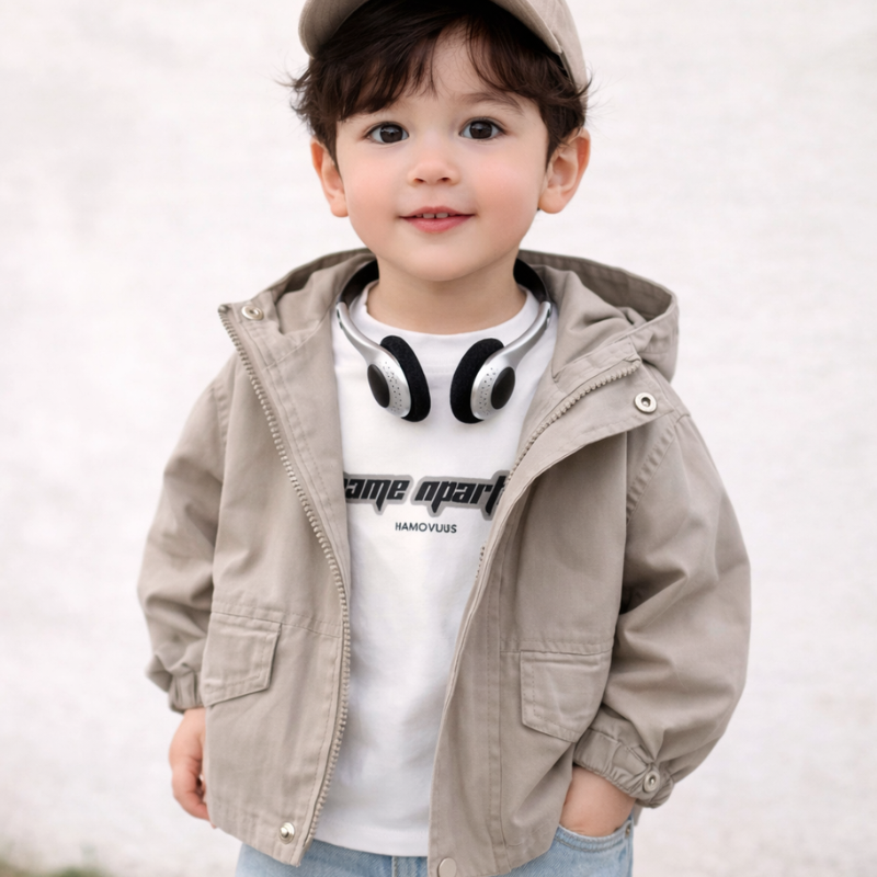 Child wearing an open gray hooded parka with front flap pockets