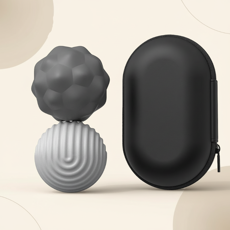 Two large gray magnetic fidget beads with bumpy and ridged surfaces beside a black zippered case