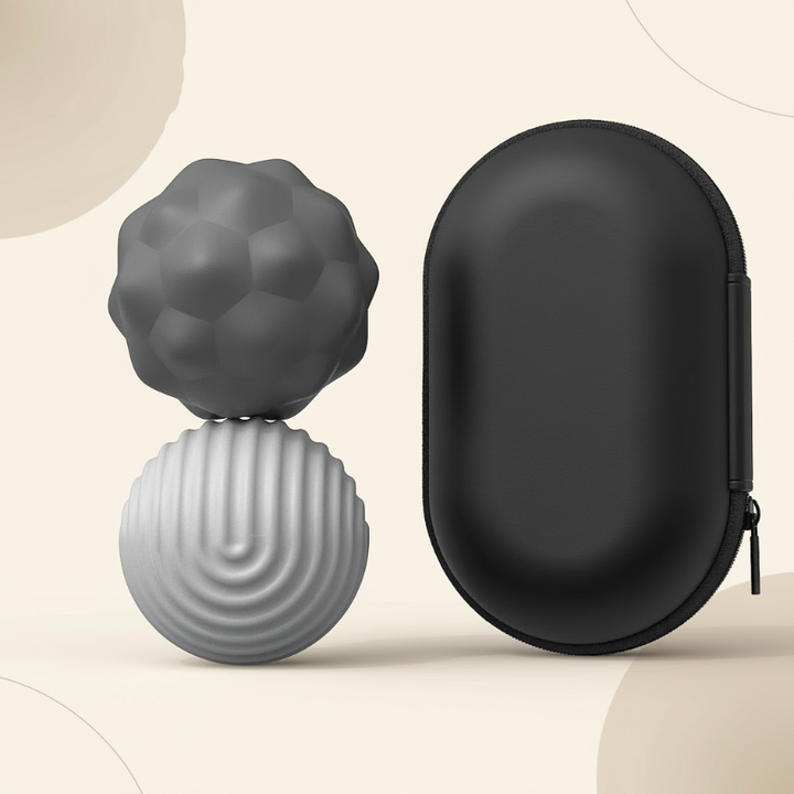 Two large gray magnetic fidget beads with bumpy and ridged surfaces beside a black zippered case