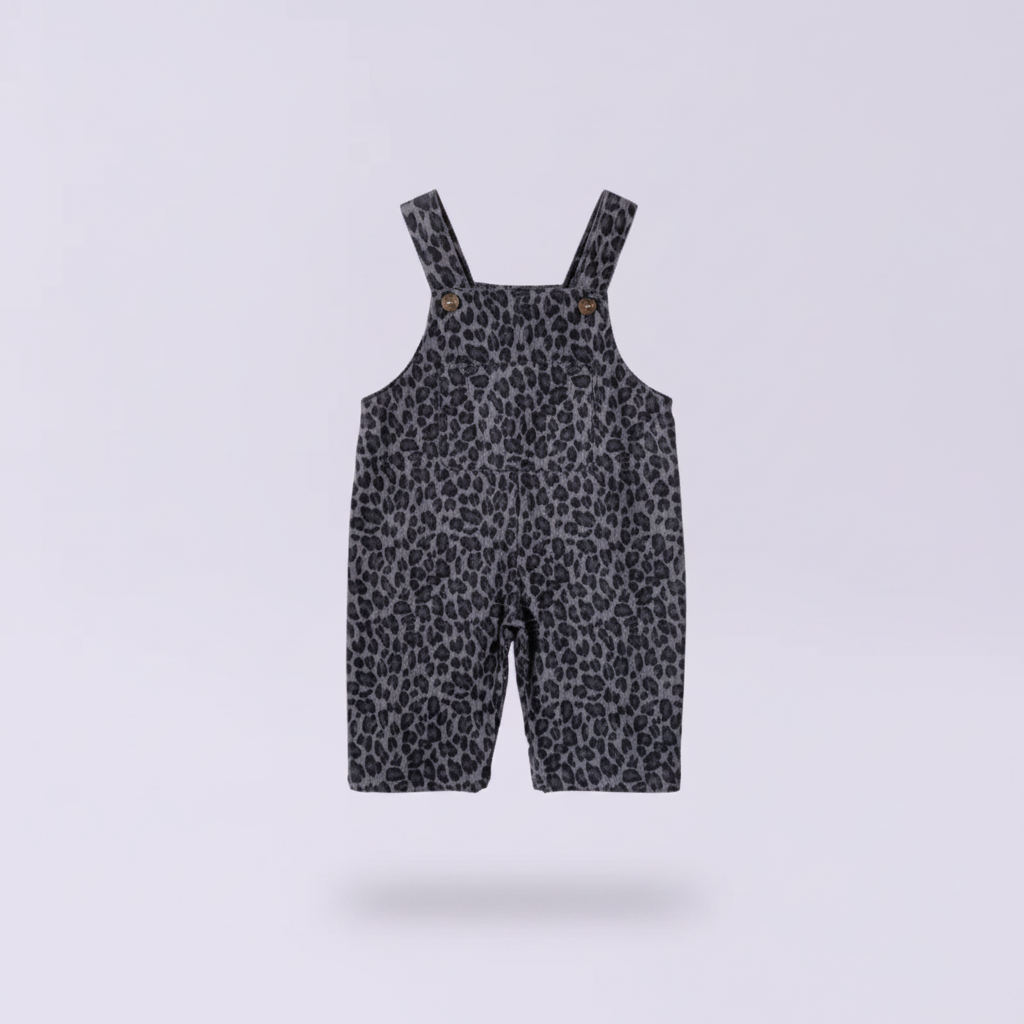 Gray leopard print overalls shown alone against a pale lavender background