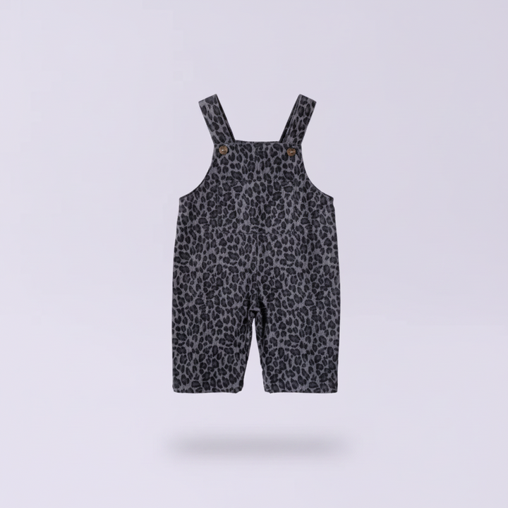 Gray leopard print overalls shown alone against a pale lavender background