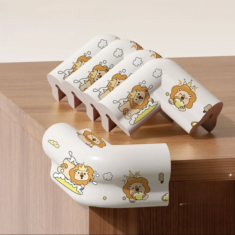 Five gray lion-print foam covers displayed on and fitted to a wooden cabinet.