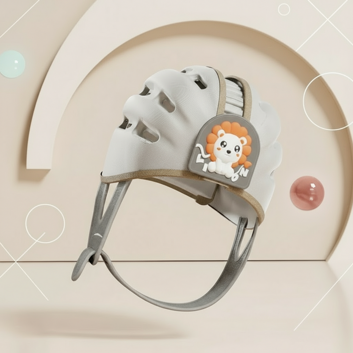 Gray lion headguard with a front character patch and chin straps