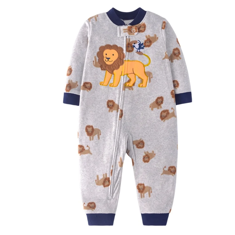 Light gray fleece baby jumpsuit with lion prints, a large lion chest design and navy cuffs