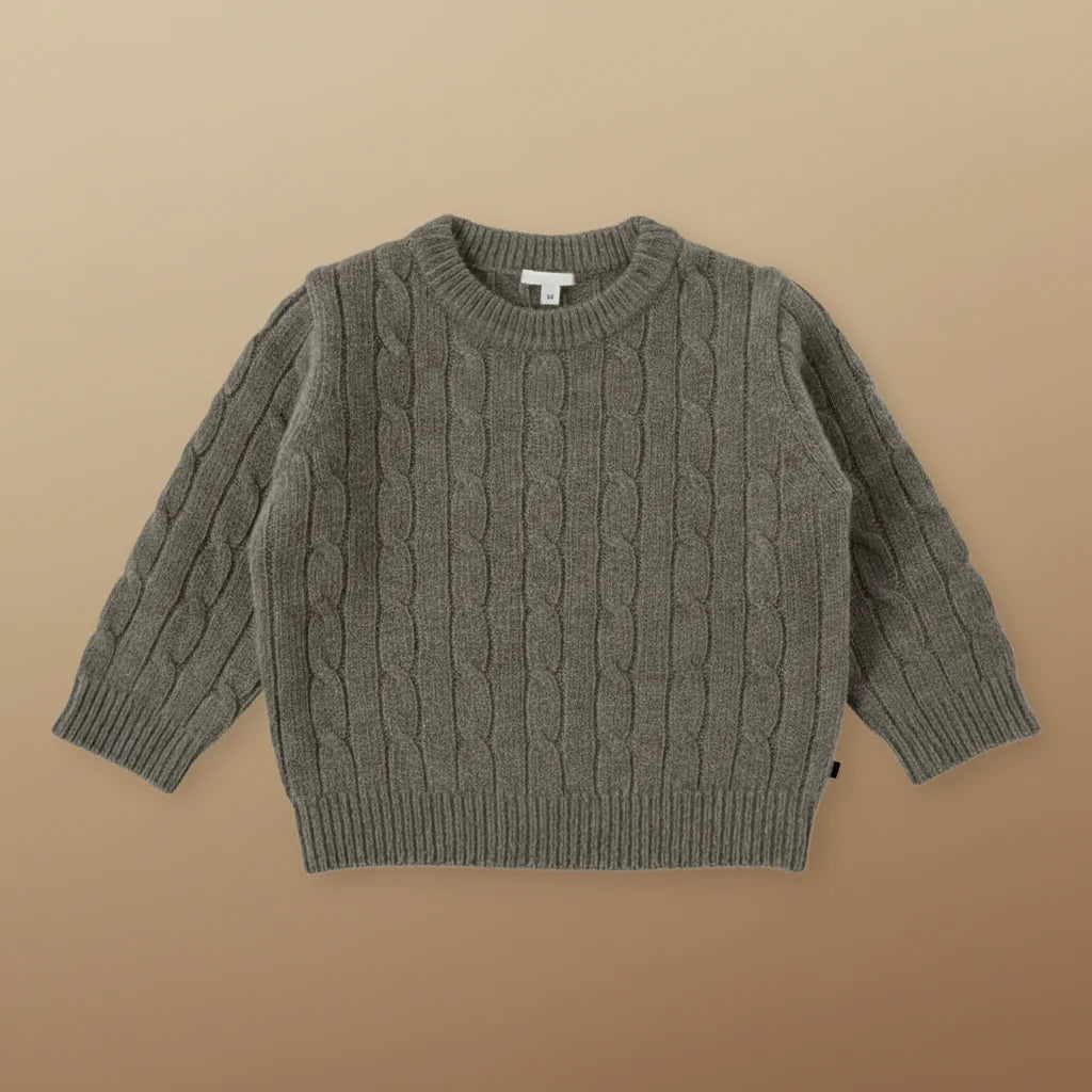 Gray long-sleeve cable-knit sweater with a round neckline and ribbed trim