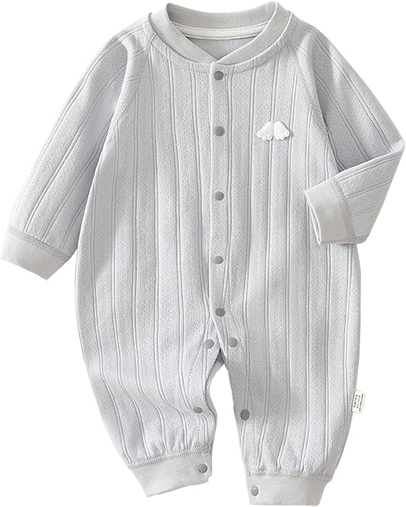 Gray cotton baby romper with long sleeves and a small white chest detail
