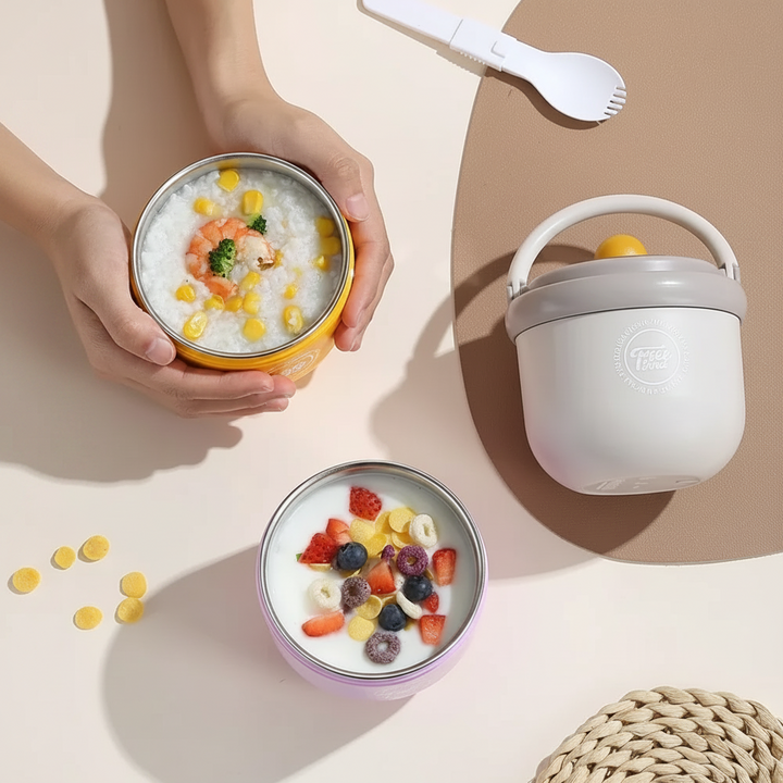 Gray lunch bowl beside open bowls filled with soup and berries.