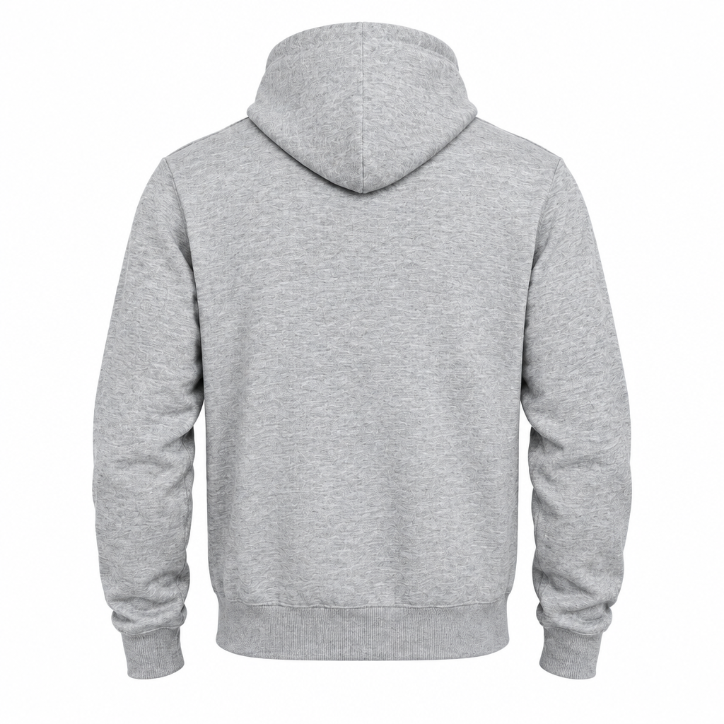 Back of the gray hoodie with hood and ribbed hem
