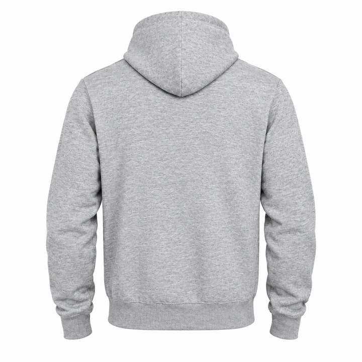 Back of the gray hoodie with hood and ribbed hem