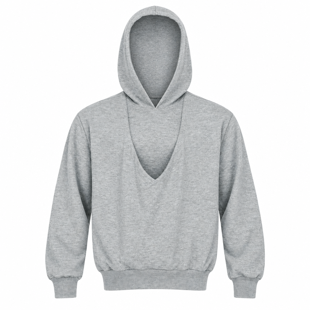 Front view of a gray hoodie showing the integrated baby pouch