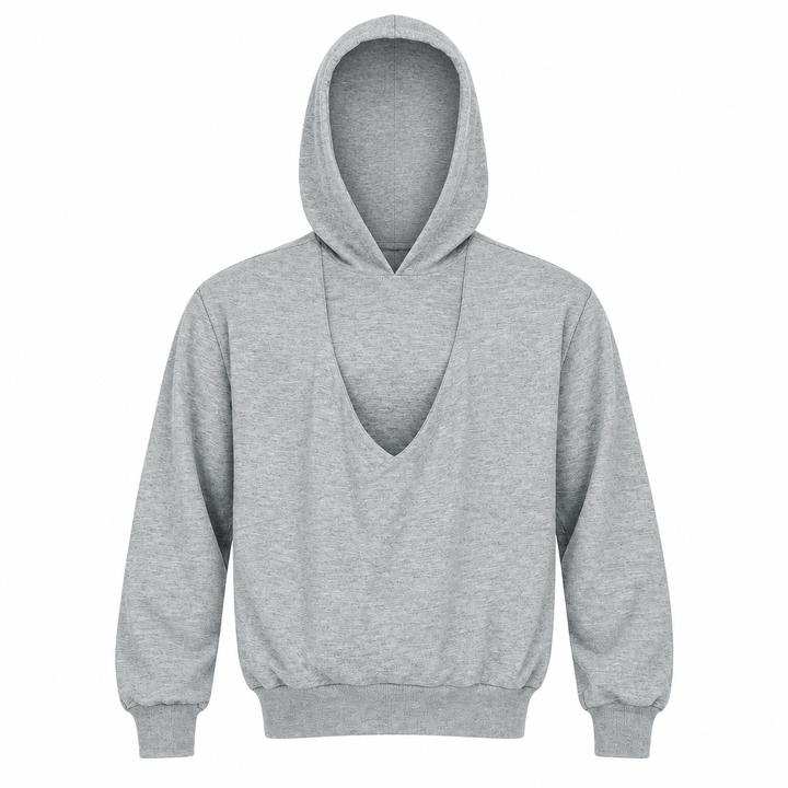 Front view of a gray hoodie showing the integrated baby pouch