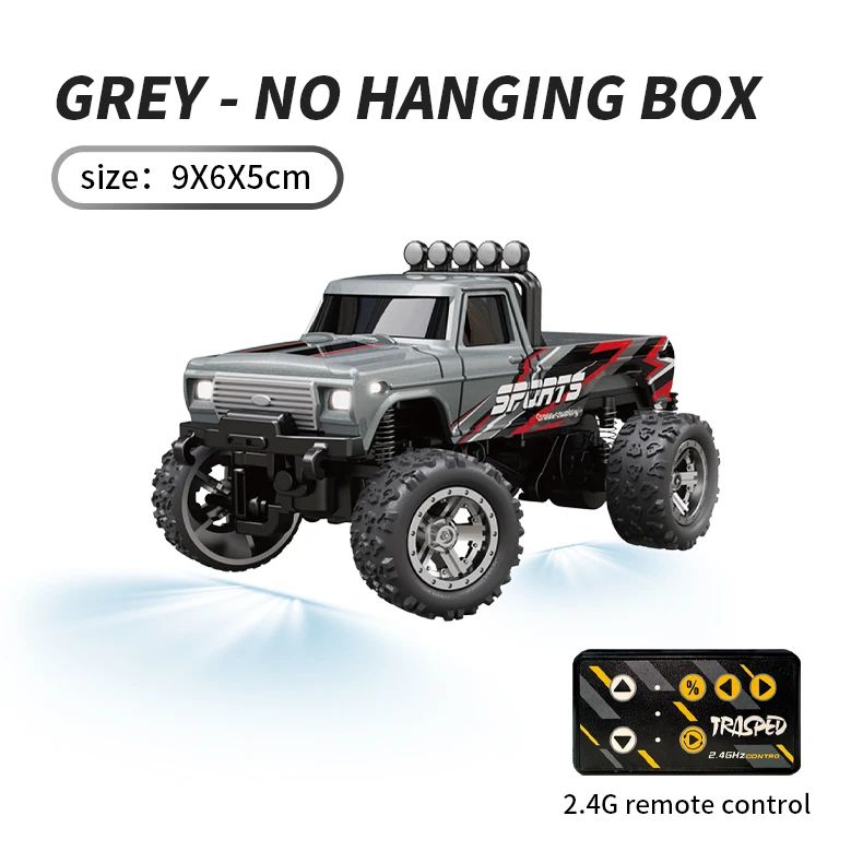 Gray mini RC truck with black-and-red graphics and a compact remote.
