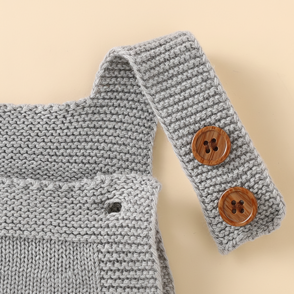Gray knitted overall strap with two brown buttons and visible buttonholes for adjustment.