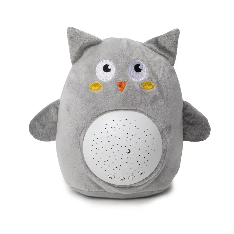 Gray owl plush projector with a white belly panel and small control buttons