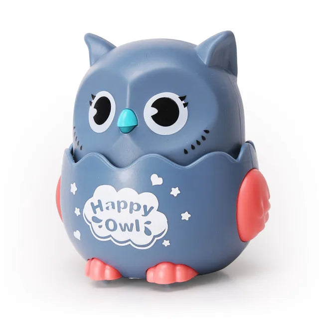 Gray owl toy car with a blue beak, pink wings and feet, and large eyes.