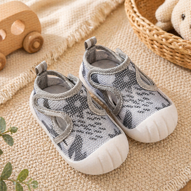 Gray patterned baby strap shoes with heel pull tabs and white toe caps.