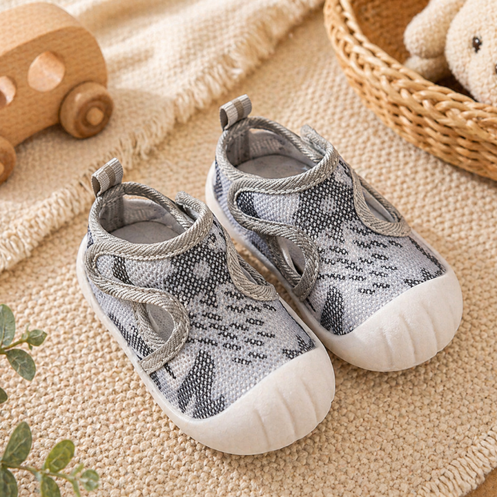 Gray patterned baby strap shoes with heel pull tabs and white toe caps.