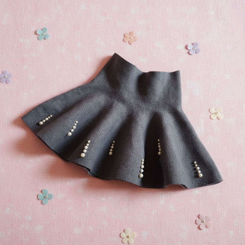 Gray A-line knit skirt with vertical bead rows along the flared hem