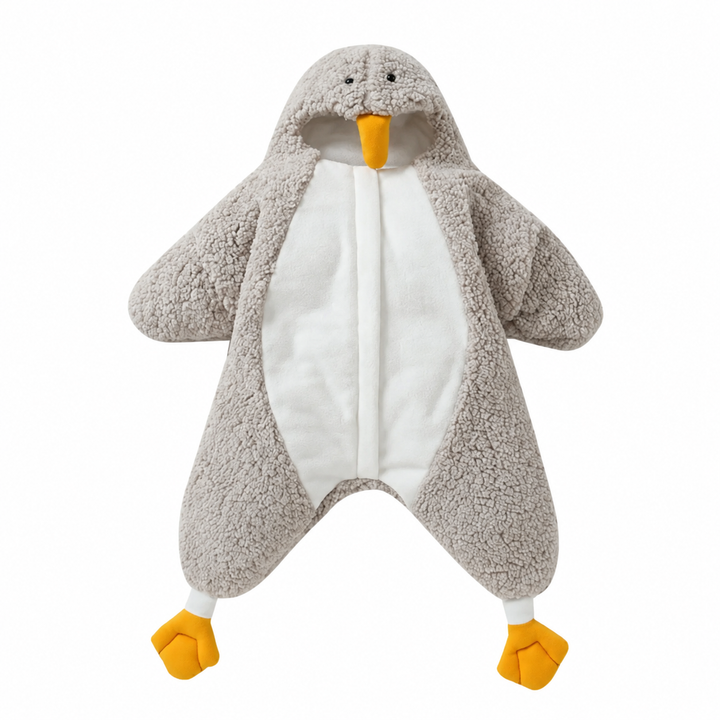 Gray penguin baby jumpsuit with a white belly panel, front zipper, and yellow feet