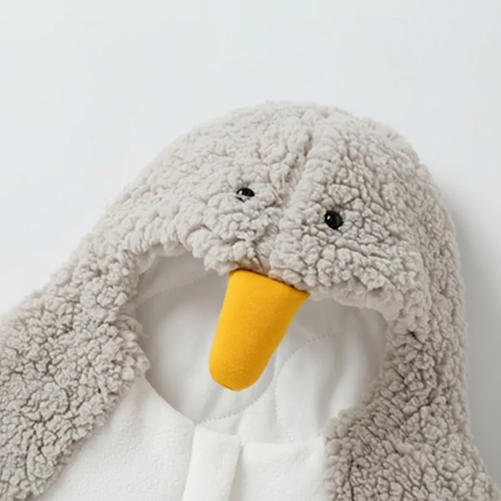 Close-up of the gray penguin hood with eyes and a yellow beak