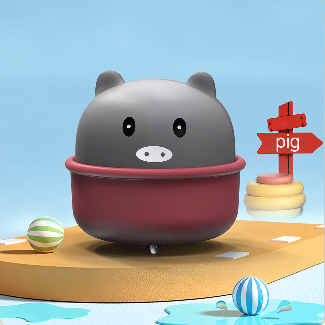 Gray pig toy car with a burgundy cup-shaped base on a yellow display