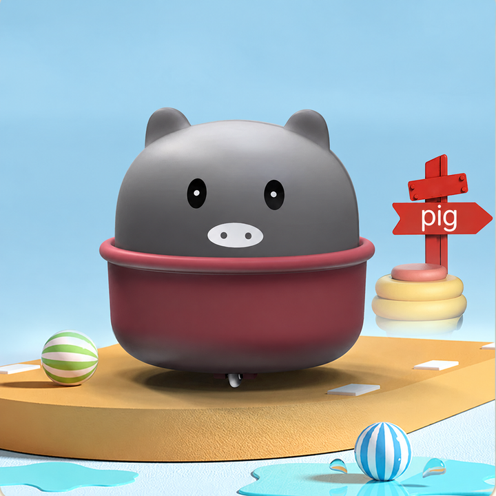 Gray pig toy car with a burgundy cup-shaped base on a yellow display