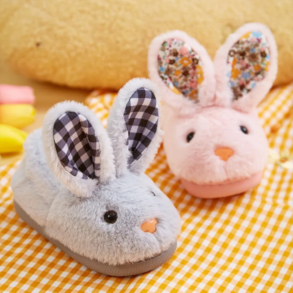Gray and pink bunny slippers with checkered and floral ear details