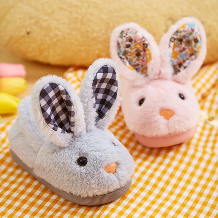 Gray and pink bunny slippers with checkered and floral ear details