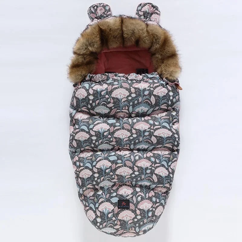 Gray and pink floral stroller footmuff with faux fur trim and matching patterned ears