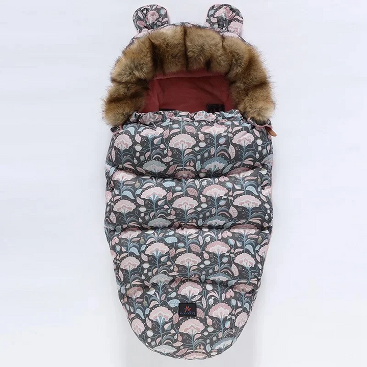 Gray and pink floral stroller footmuff with faux fur trim and matching patterned ears