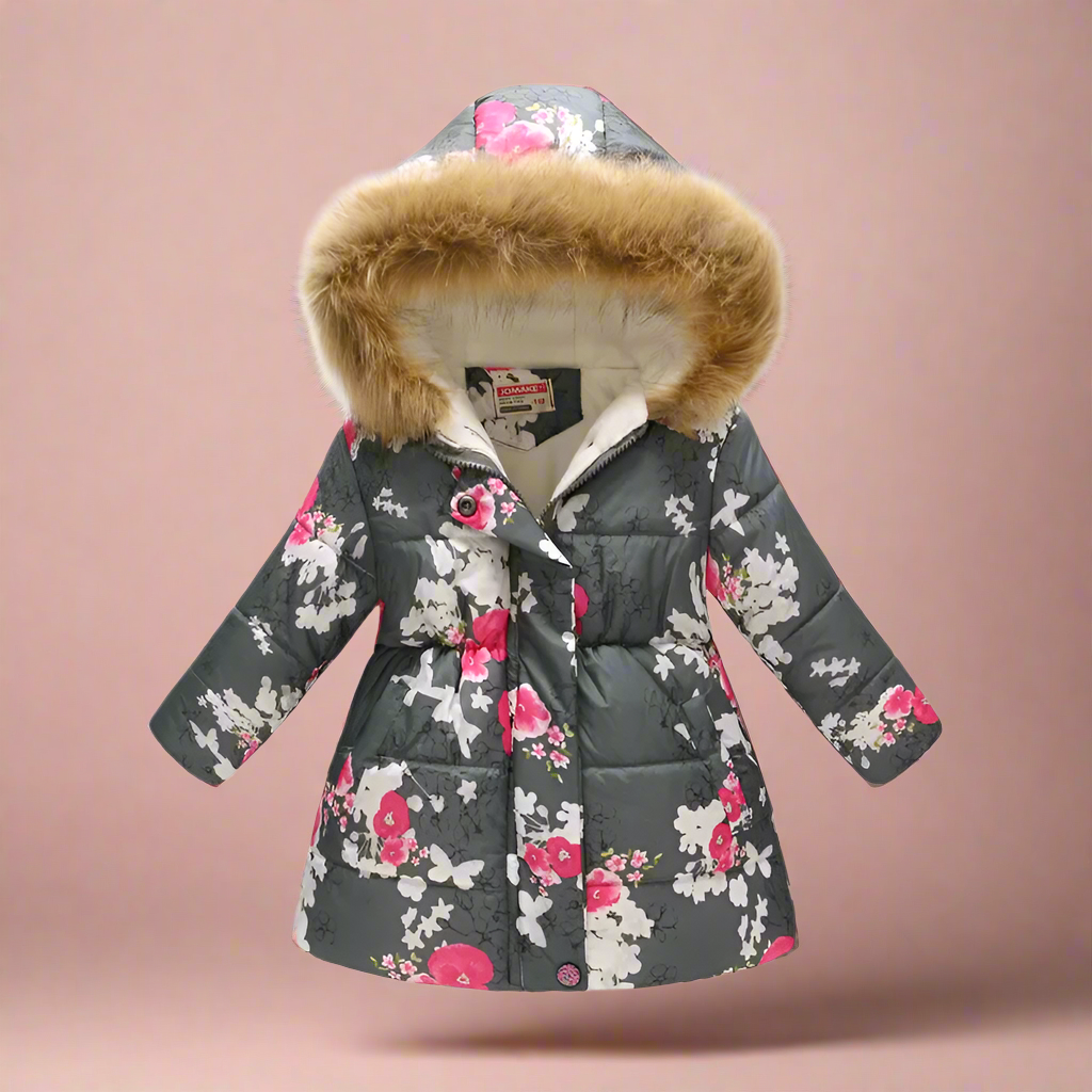 Dark gray quilted winter coat with pink and white flowers and a fluffy-trimmed hood